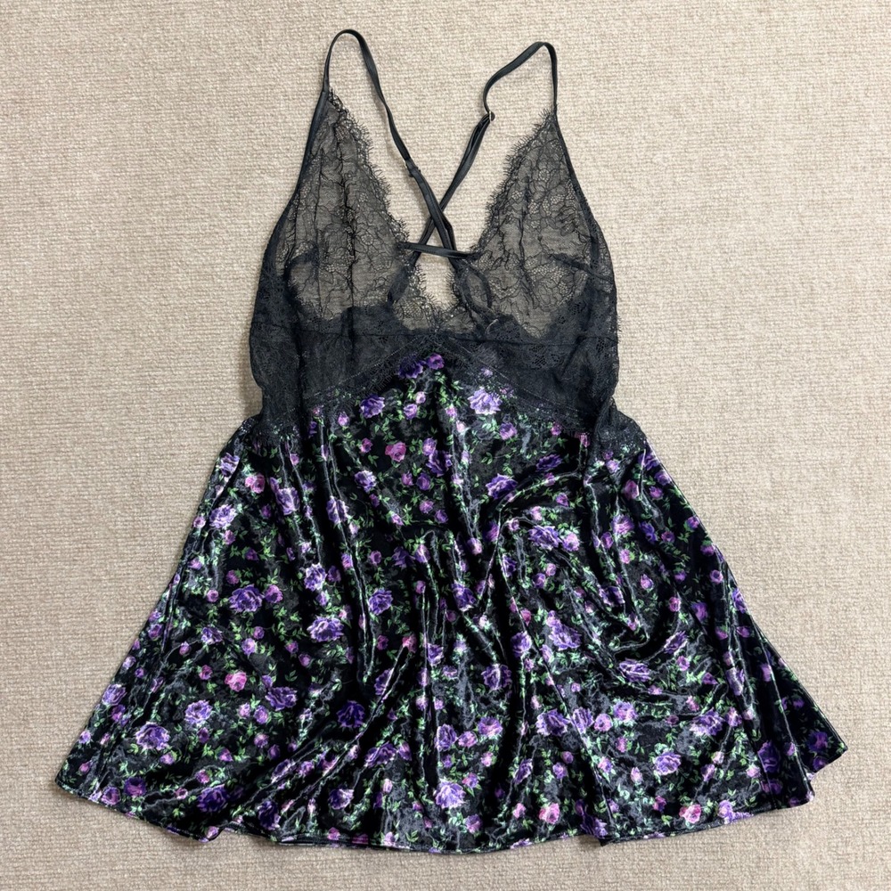 Victoria's Secret Black Lace Floral Velvet Chemise Slip Dress Purple Rose Medium